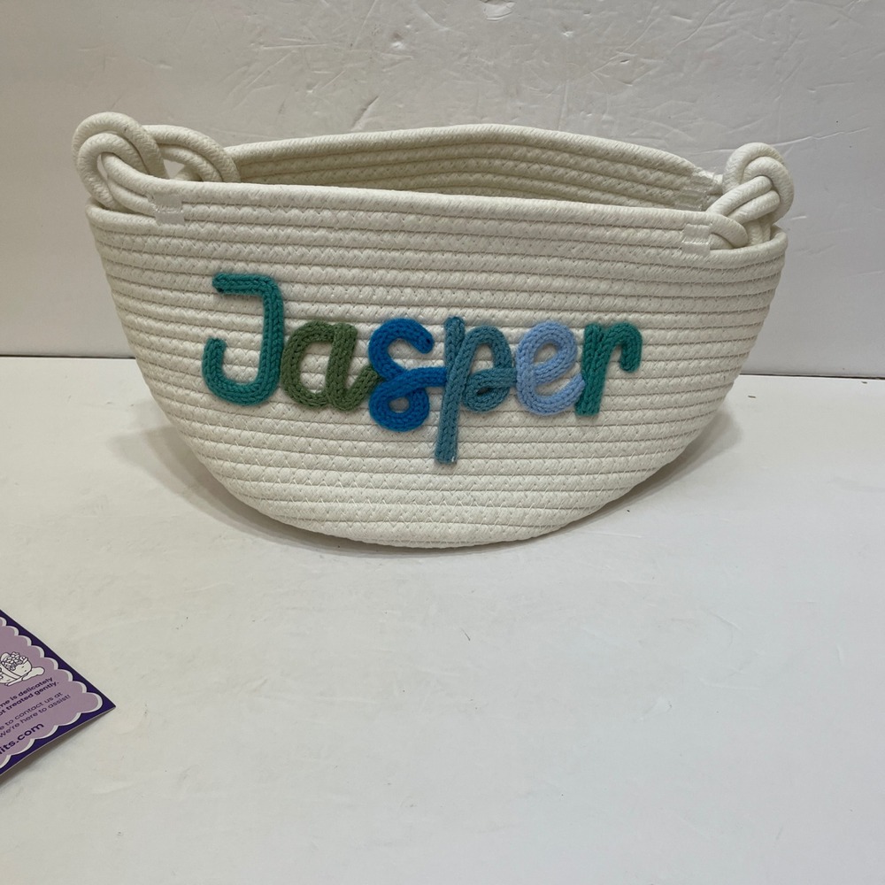 NEW IN PACKAGE BABY KNITS COTTON ROPE STORAGE BASKET PERSONALIZED "JASPER"
